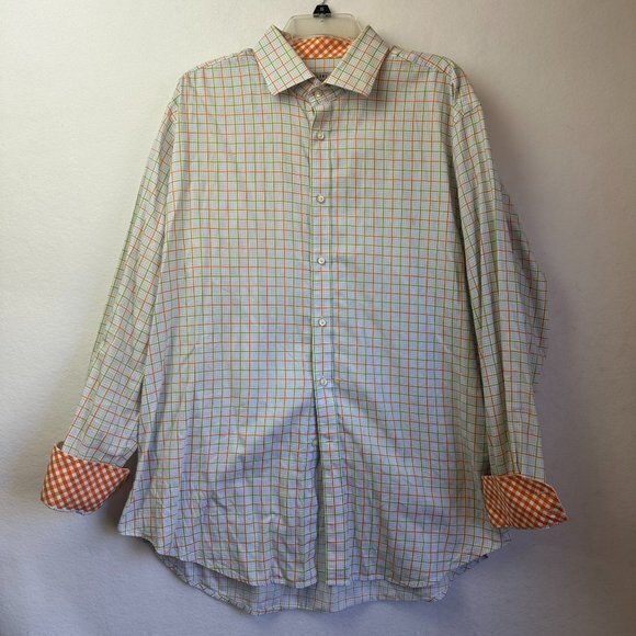 JACK STONE BY THOMAS DEAN button up shirt men XL orange green plaid flip cuff - Picture 1 of 6